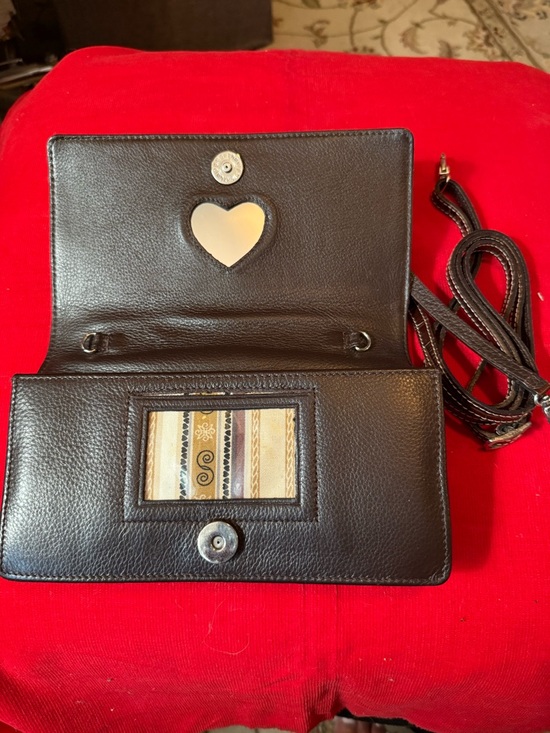 Brighton Handbags - Brighton Black Leather Crossbody Wallet with Heart Accent and Stripe ID Window